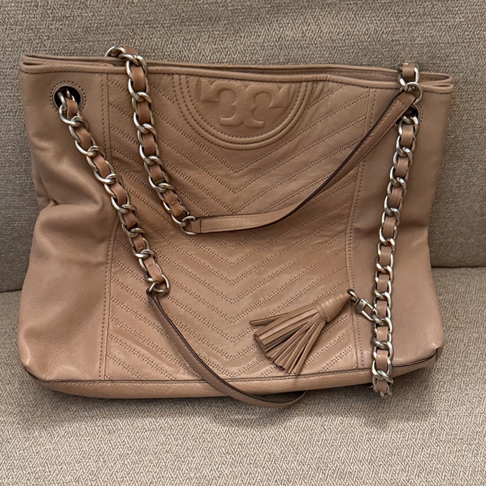 Tory Burch Beige Leather Tote with Chain Strap